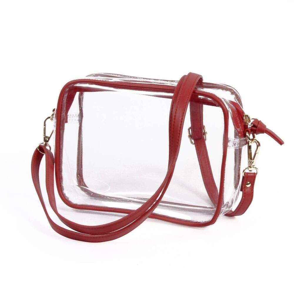 NEW DESDEN women's bridget vegan leather trim and straps purse in clear/maroon